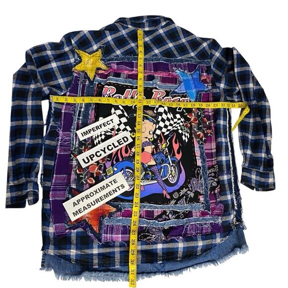 Upcycled Flannel Shirt Shacket Womens 1X Boop Motorcycle Grunge Patchwork Art - Picture 3 of 16